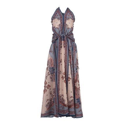 Niche Design Printed Old Money Style Halter Spaghetti Straps Dress