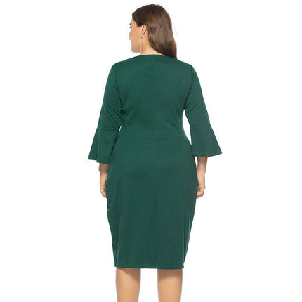 Round Neck Plus Size Slim Fit Flared Sleeve Mid-length Dress