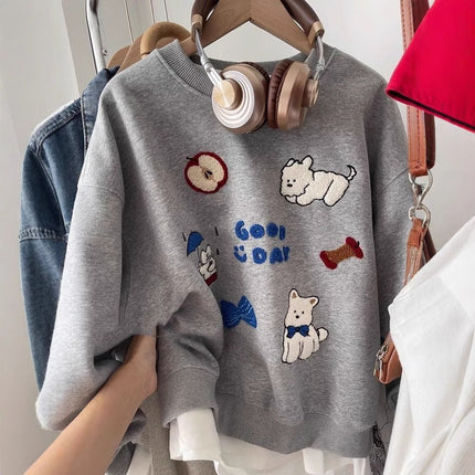 New Embroidered Flocking Loose All-match Round Neck Sweater