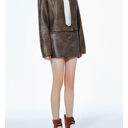 Short Leather Jacket Slim Brown Jacket Motorcycle Jacket