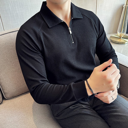 High Elastic Thickened Seersucker Half Zipper Polo Shirt