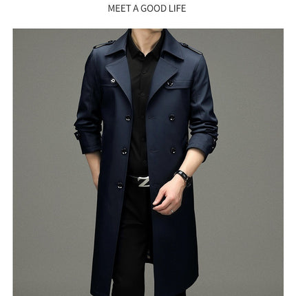 Double Breasted Men's Long Trench Coat Business Casual Lengthened