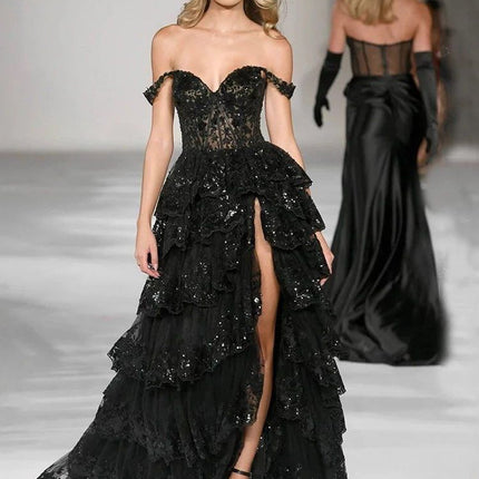 French Black Satin Banquet Party Dress