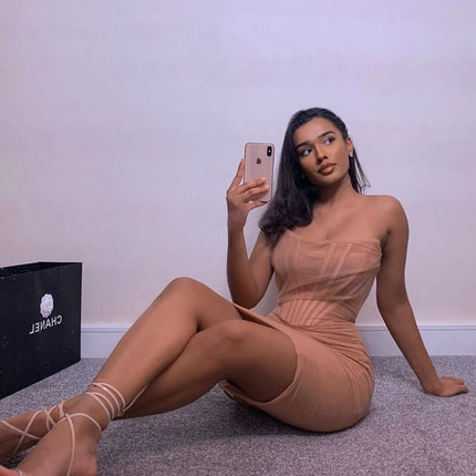 One-neck mesh gauze wrap dress