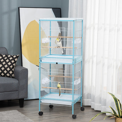 55inch 2 In 1 Bird Cage Aviary Parakeet House For Finches, Budgies With Wheels, Light Blue