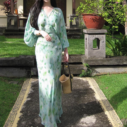 Full Of Green Watercolor Blooming V-neck Printed Oblique Cut Dress Elegant Graceful Dress