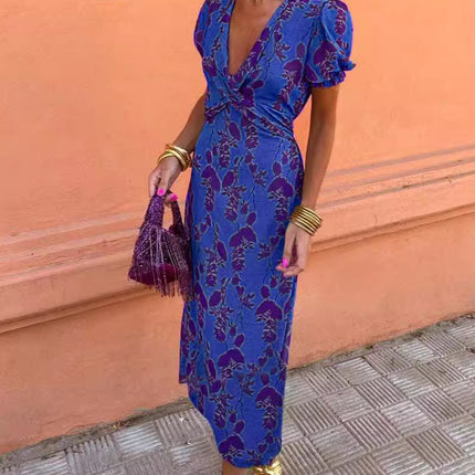 Summer V-neck Short-sleeved Dress Fashion Flowers Printed Slim Beach Dresses For Women Clothing