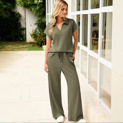 Two-piece Set With Drawstring Design Elastic Waist Flared Pants