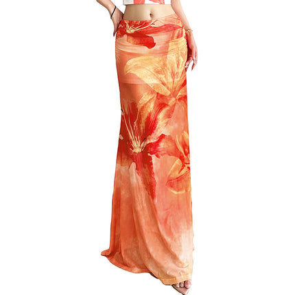 Vacation Style Printed Semi See-through High Waist Slim Skirt