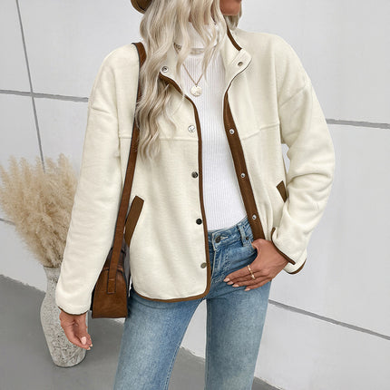 European And American Contrast Color Polar Fleece Cardigan Women's Fleece Short Stand-up Collar Casual Jacket
