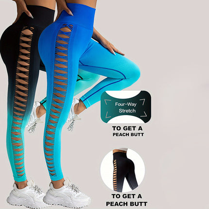 2 Pack Cut Out Ombre Gradient Color Hollow High-waist Butt-lifting Fitness Women's Yoga Pants, Women's High Waist Yoga Pants Cutout Ripped Super Soft And Comfortable Skinny