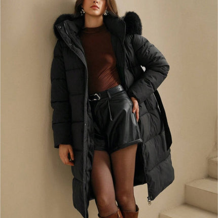 Anewsta Women's Solid Color Long Sleeve Zip Up Hooded Padded Coat With Faux Fur Trim