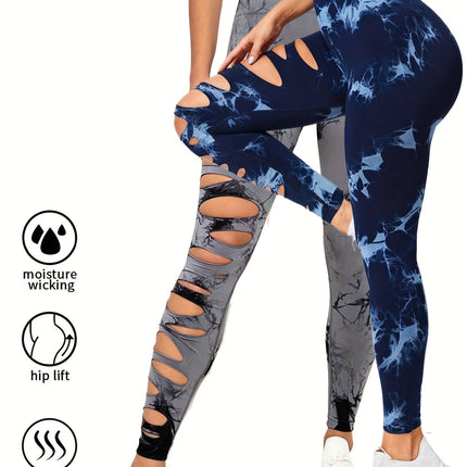 2 Pack Hollow Sexy High Elastic Women's Tie Dye Cutout Tights High Waist Workout Yoga Leggings, Scrunch Butt Lifting Elastic Pants, Tummy Control Butt Lifting Workout Yoga Athletic Pants