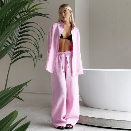 Women's Solid Color Loose Shirt Trousers Suit