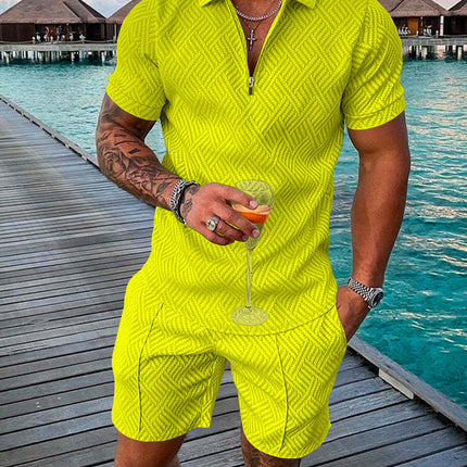 Men's Summer Fashion 3D Printed Short Sleeve Geometric Zip Lapel Shirt Set