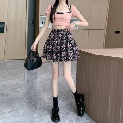 French Style Vintage And Little Fresh Cherry Floral A- Line Skirt