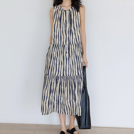 Round Neck Loose Stripe A- Word Vacation Style Midi Dress