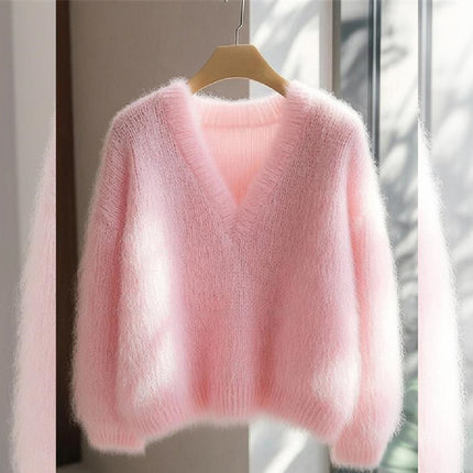Women's Solid Color Milk Huhu Soft Glutinous Mohair Sweater
