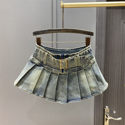 Hot Girl Retro Blue Low Waist Pleated Skirt