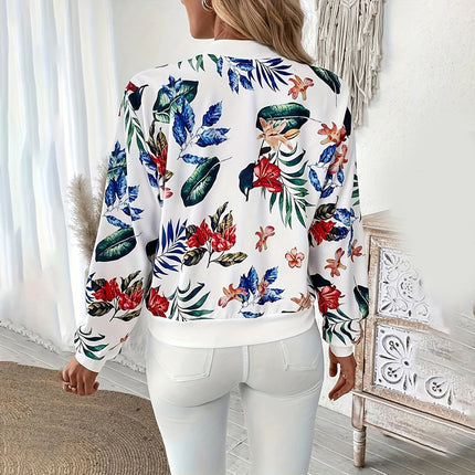 Women's Zip-Up Jacket With All-Over Botanical Print, Round Neck Long Sleeve Casual & Formal Wear For Spring&Fall