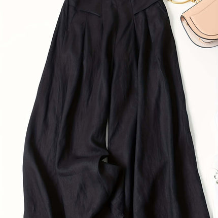 Comfortable Women's High Waist Wide-Leg Pants - Solid Black, Elastic Waistband With Pockets, Casual All-Season Polyester Trousers