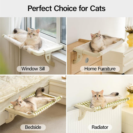 MEWOOFUN Cat Window Perch With One-Step Sliding Clamp - Adjustable Window Sill Hammock With Removable Cover For Indoor Cats - Medium Beige Cat Bed Fits Windowsill & Bedside