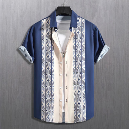 Men's Contrast Color Loose Short-sleeved Shirt Lapel