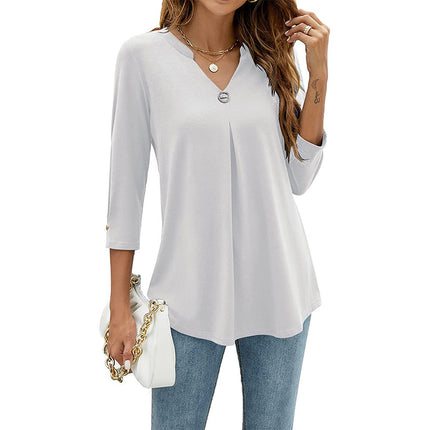 Casual And Comfortable Solid Color And V-neck Clinch Loose Three-quarter-length-sleeved T-shirt Top For Women