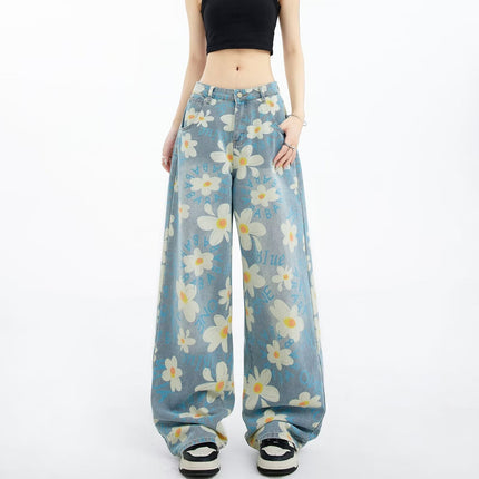 New Summer Printed Floral Wide-leg Washed Jeans For Women