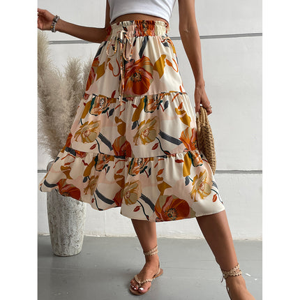 Women's Floral Tiered Midi Skirt Elastic Waist Dressy Casual A-line Flowy Boho Skirts