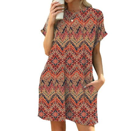 Loose Crew Neck Short Sleeve Printed Pocket Dress