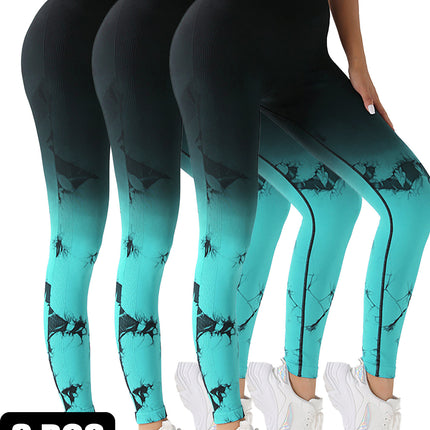 3 Pack Women's Tie Dye Gradient Color Yoga Sports Leggings, Ruched High Waist Workout Seamless Scrunch Booty Leggings Butt Lift Athletic Leggings Tummy Control Yoga Pants