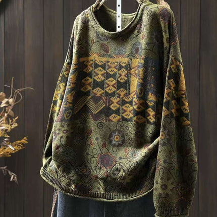 Women's Vintage Printed Cotton Knitted Sweater Round Neck