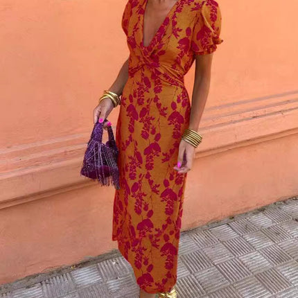 Summer V-neck Short-sleeved Dress Fashion Flowers Printed Slim Beach Dresses For Women Clothing