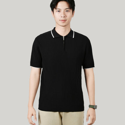 Men's Half-zip Ice Silk Knitted Lapel Vertical Striped Top