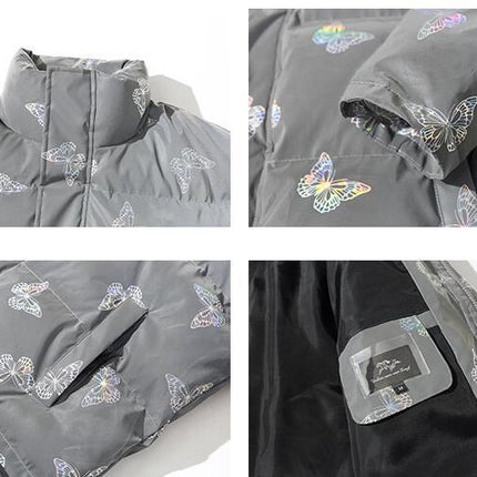 Men's Stand Collar Reflective Print Cotton Jacket