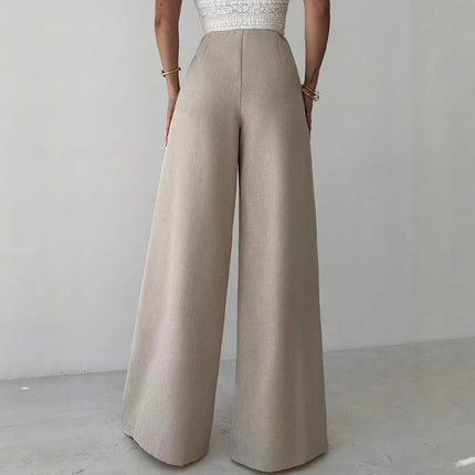 High Waist Beige Metal Buckle Wide Leg Pants