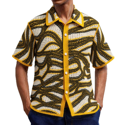 American Texture Striped Sweater Retro Hand Crocheting Short Sleeve Cardigan