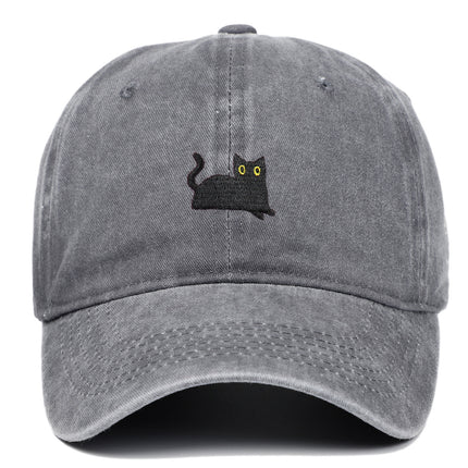 Black Cat Embroidered Washed Baseball Cap Sun Hat