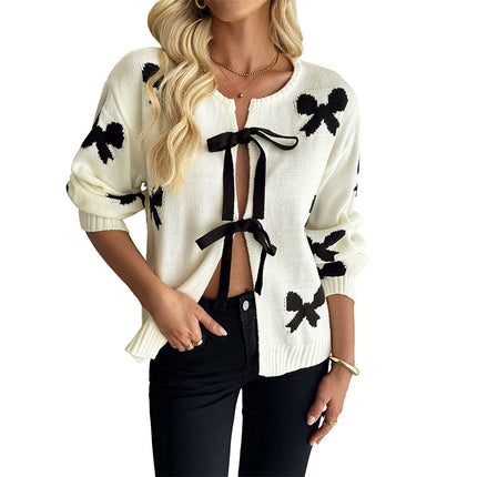 Lace-up Bow Pattern Women's Sweater Cardigan