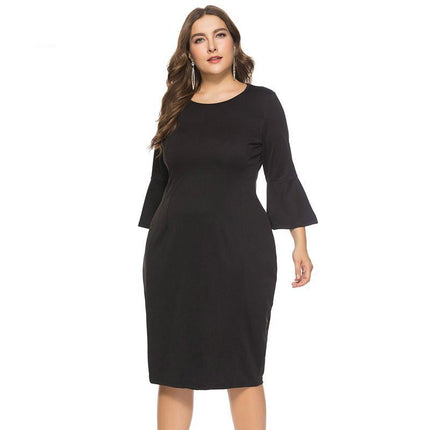 Round Neck Plus Size Slim Fit Flared Sleeve Mid-length Dress