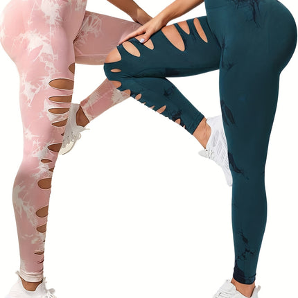 2 Pack Hollow Sexy High Elastic Women's Tie Dye Cutout Tights High Waist Workout Yoga Leggings, Scrunch Butt Lifting Elastic Pants, Tummy Control Butt Lifting Workout Yoga Athletic Pants