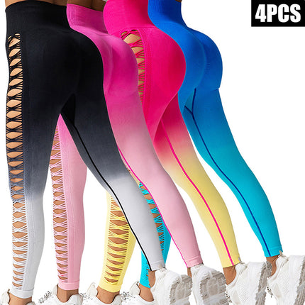4 Pack Cut Out Ombre Gradient Color Hollow High-waist Butt-lifting Fitness Women's Yoga Pants, Women's High Waist Yoga Pants Cutout Ripped Super Soft And Comfortable Skinny Leggings