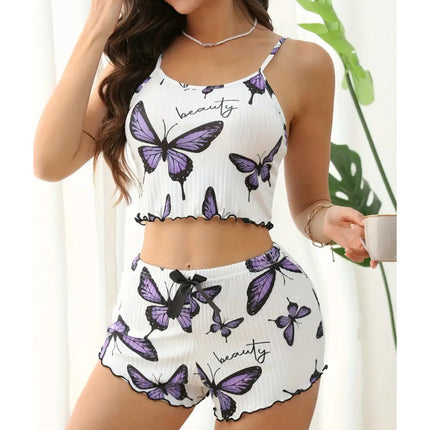 Butterfly Print Suspender Shorts Comfortable Casual Suitable For Daily Wear Ladies' Homewear