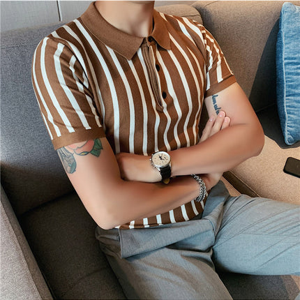 Men's Fashion Wide Striped Short-sleeved Polo Shirt