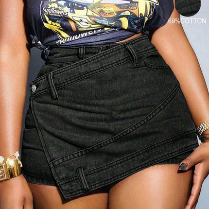 Grunge Punk Street New Vintage Stretchy Overlap Waist Wrap Asymmetric Hem A-Line Skinny Denim Skorts Halloween Clothes Jeans