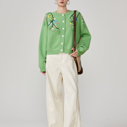 Green Handmade Three-dimensional Embroidered Round Neck Knitted Cardigan For Women