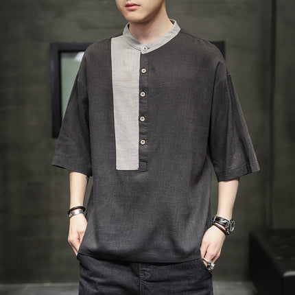Cotton And Linen Casual Stitching Loose Half Sleeves