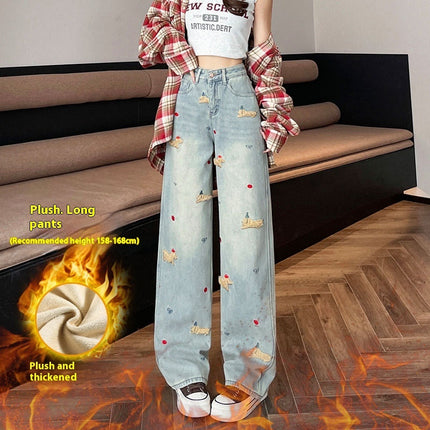 Cartoon Puppy Embroidered High Waist Straight Jeans