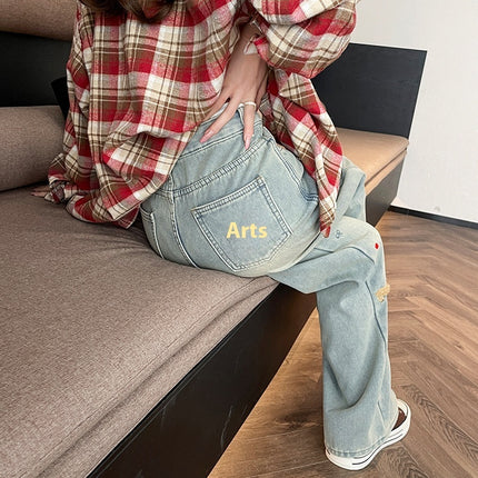 Cartoon Puppy Embroidered High Waist Straight Jeans